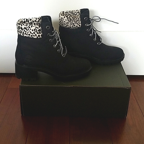 🎊HP🎊 NWT Timberland Black Kinsley w/ leopard print heeled lace-up booties 7.5 - Picture 3 of 7